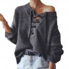 YJSFG HOUSE Women Gray Lace Up Knitted Pullover Sweater Women Elastic Long Sleeve Jumper Casual Autu