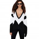 High Street Fashion Style Black And White Patchwork Deep V Neck  Long Sleeved Sweater SKN6210