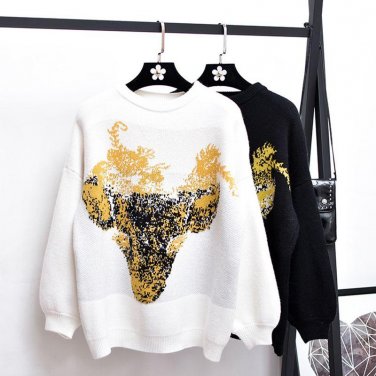 Deturbg Cute Cow Head Pattern Knitted Pullover Casual Long Sleeve Cashmere White Black Sweaters For 