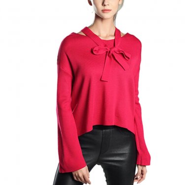 Women Tie-Front Sweater Solid Color Flare Sleeves O-Neck Loose Cropped Sweaters Fashion Sweet Pullov