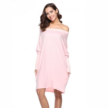 New Spring Women Solid Color Batwing Sleeve Sweater Loose Knitting Slash Neck Pullover Mujer Sexy Lo