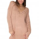 Side Slit V-Neck Knit Lace Up Full Sleeve Solid Sweater Bandage Casual Tops Black Casual Loose Pink 