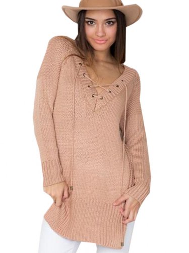 Side Slit V-Neck Knit Lace Up Full Sleeve Solid Sweater Bandage Casual Tops Black Casual Loose Pink 