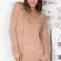 Side Slit V-Neck Knit Lace Up Full Sleeve Solid Sweater Bandage Casual Tops Black Casual Loose Pink