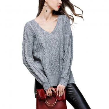 High-Low Hem Cable-Knit Sweater Autumn Fashion Long Sleeves V-Neck Side-Slit Loose Sweaters Pullover