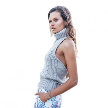 Spring New sweater knitted sexy solid color sweater low back sweater high neck Halter bodycon warm c