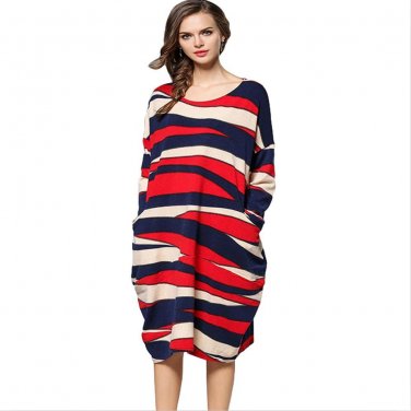 Plus Size Knitted Sweater Dress Women Elegant 2017 Autumn Winter Big Size Striped Patchwork Loose Ca