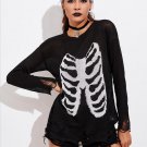Knitted Sweaters Women Pullovers Skull Print Jumper Pull Femme Thin Ripped Hole Hollow Out Long Slee