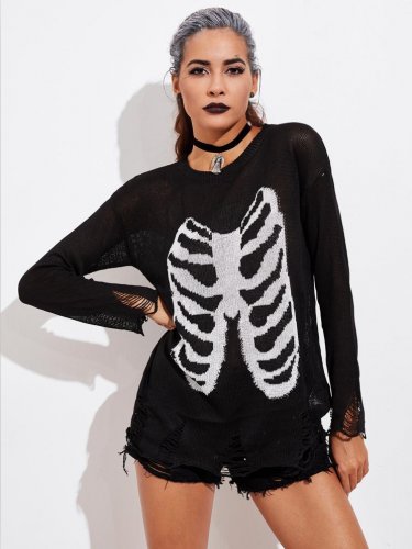 Knitted Sweaters Women Pullovers Skull Print Jumper Pull Femme Thin Ripped Hole Hollow Out Long Slee