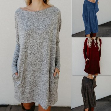 Casual Autumn Winter 2018 Solid Knitted Sweater Dress Women Loose Round Neck Long Sleeve Knit Basic 