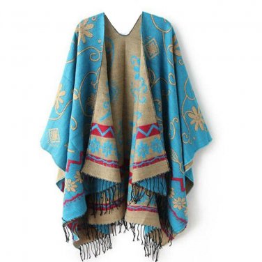 Women\'s Warm Winter Oversized Knitted Cashmere Poncho Capes Shawl Floral Print Tassels Cardigans Sw