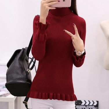 Hitz Korean female long sleeved Turtleneck Shirt sleeve lotus shirt sweater female turtleneck sweate