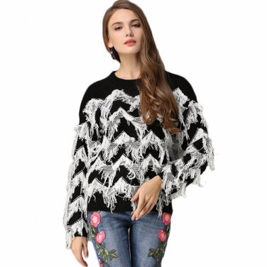 Patchwork Wave Tassel Knitted Sweater Women Soft Jumper Pull Femme 2017 Autumn Winter Plus Size Luxu