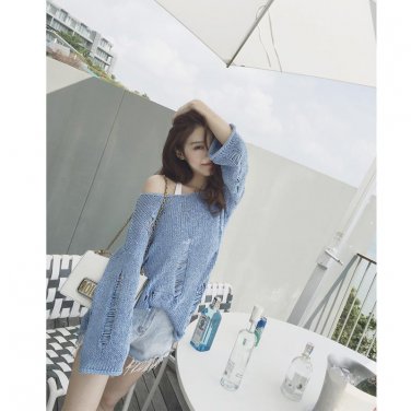 Romastory Autumn Winter Long fall loose new sexy long hole Knitting O-Neck Sexy sweaters women Solid