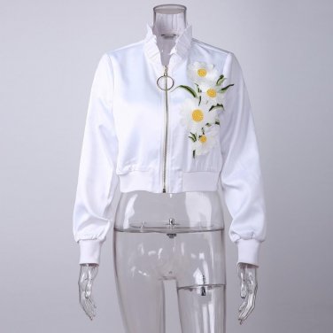 Women Spring Floral Bomber Jackets Sexy White Appliques Long-sleeve Zipper Flower Cropped Kpop Femal