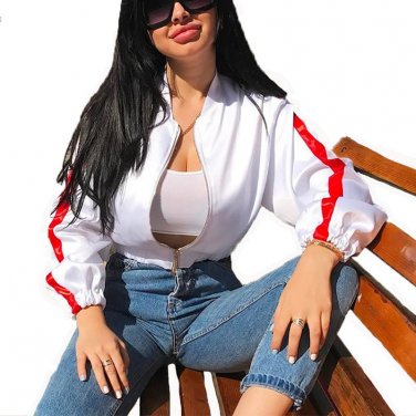 White Motorcycle Jacket Women 2017 Crop Top Sexy Loose Red Striped Jacket Coat Streetwear Short Bomb