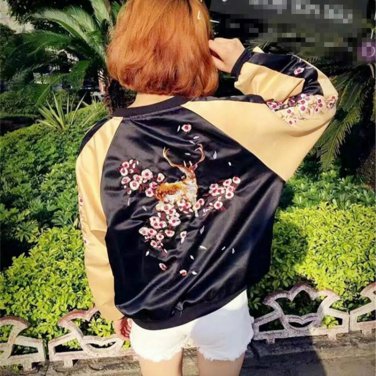 Unisex Chic Bomber Harajuku Sika deer Floral embroidered short Satin Hit Color jacket loose Couples 