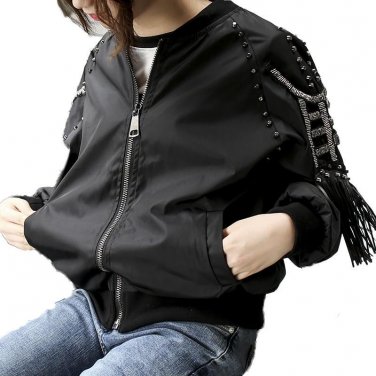 2017 Autumn Beaded Tassels Bomber Jacket Women Loose Black White Blouson Femme Casual Chaqueta Mujer
