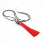 Bohemia Boho Red Silk Tassel with Studs top Earring and Hematite Bead Chain Long Tassel Pendant Neck