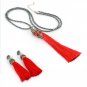 Bohemia Boho Red Silk Tassel with Studs top Earring and Hematite Bead Chain Long Tassel Pendant Neck