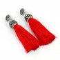Bohemia Boho Red Silk Tassel with Studs top Earring and Hematite Bead Chain Long Tassel Pendant Neck