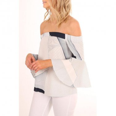 Women\'s Off Shoulder Geometric Splicing Printing Long Sleeve Casual Blouse Tops