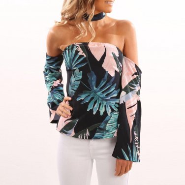 2017 Autumn New Arrival Women Off Shoulder Halter Floral Printed Casual Shirt Blouse Tops Shirt Blus