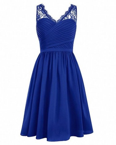 Royal Blue Black V-Neck Lace Chiffon Bridesmaid Dresses Sleeveless Wedding Party Gowns with Side Zip