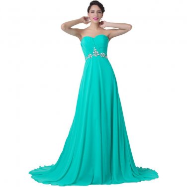 Turquoise Evening Dress Strapless Long Chiffon Floor Length Formal Gown Wedding Party Beading Elegan