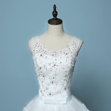 New Style V-Neck Sweep Brush Train Tank Sleeve White Bow Waist Wedding Dress Custom Made C017