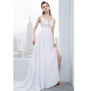Beach Wedding Dresses 2017 Vestido De Noiva Chiffon Lace Appliqued Sexy Women Bridal Dress with Cap 