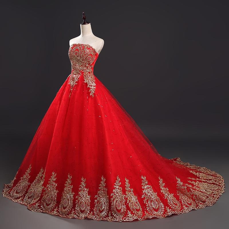 Free Shipping Vintage Lace Red Wedding Dresses Long Train Plus Size Ball Gown Robe de Mariee Cheap F