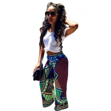 Summer African Vintage Hippie Boho Women Wide Leg Pants Dashiki Print Trousers Female  Baggy Palazzo