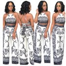 Ladies Floral Print Two Piece Jumpsuit Backless Crop Top Wide Leg Long Pants Halter Rompers African 