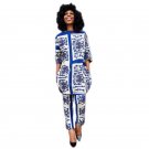 Blue And White Print Two Piece Set Rompers Womens Jumpsuit Long Pants Suit African Style Dashiki Vin