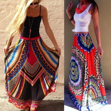 dashiki plus size long skirts womens print boho female Bohemian skirt maxi ruffle summer sun beach s