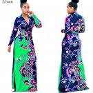 Women Elegant Deep V-neck Sexy Long Dress Dashiki Print Traditional African Clothing Long Sleeve Max