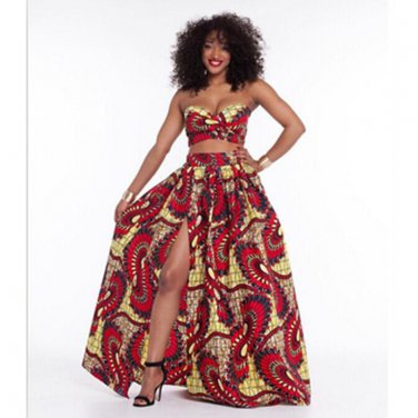 Traditional Dashiki African Print Dresses 2 Pieces Midriff-baring Rube Tops + Dress Set Women Sexy H