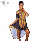 Yilia Summer Dashiki Dress 2017 Women Traditional African Print Clothing Elastic V Neck Asymmetrical