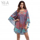 Yilia Summer Dashiki Beach Dress Women 2017 African Floral Print 3/4 Batwing Sleeve Short Casual Loo