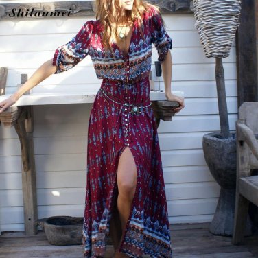 Autumn Winter Long Maxi Beach Dress Geometric Folk Ethnic Bohamian Dashiki Robe Hiver Pull Fall 2016