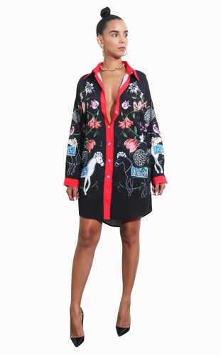 Fall Women Black Floral Print Shirt Dress Casual Loose Party Dress Long Sleeves Irregular Hem Office
