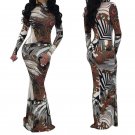 Women Sexy printing Knitted Striped Dashiki Midi Dress Series 2017 High Street O-Neck Long Sleeve Bo