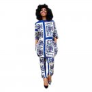 African Dashiki For Women Top And Pants Set Autumn Blue and White Porcelain Pattern  Women Suit Trad