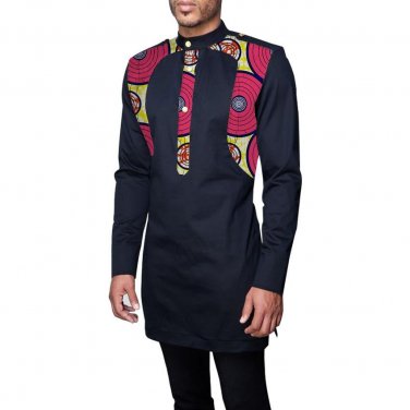 Epaulet decorated print long shirts mens slim fit African men tops fashion patchwork design dashiki 