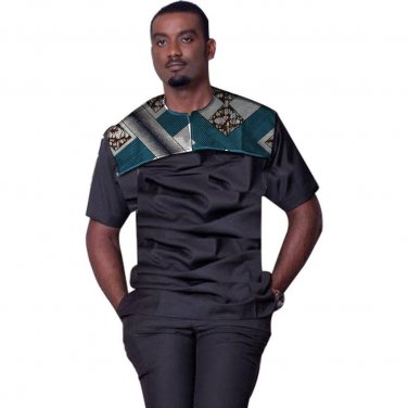 Black silk patchwork african shirt for men short sleeve dashiki tops ankara print africa style tradi