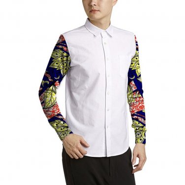 Conventional african men print shirts custom africa clothing white and prints patchwork long sleeve 