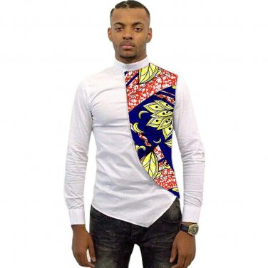 Asymmetrical design men dashiki shirt slim fit male tops fashion silk/wax patchwork ankara t shirt a