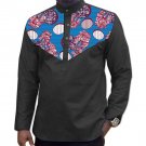 Custom african dashiki clothes men t shirt long sleeve print tops print and black cotton fabric patc