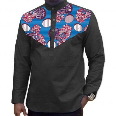 Custom african dashiki clothes men t shirt long sleeve print tops print and black cotton fabric patc